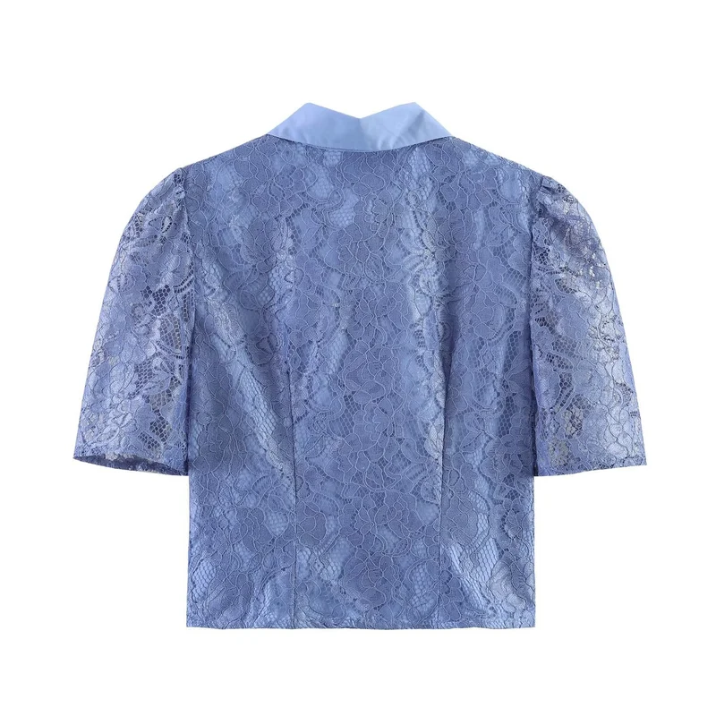 Damen Transparente Spitzenbluse mit Hemdkragen und Puffärmeln Nord Taschen