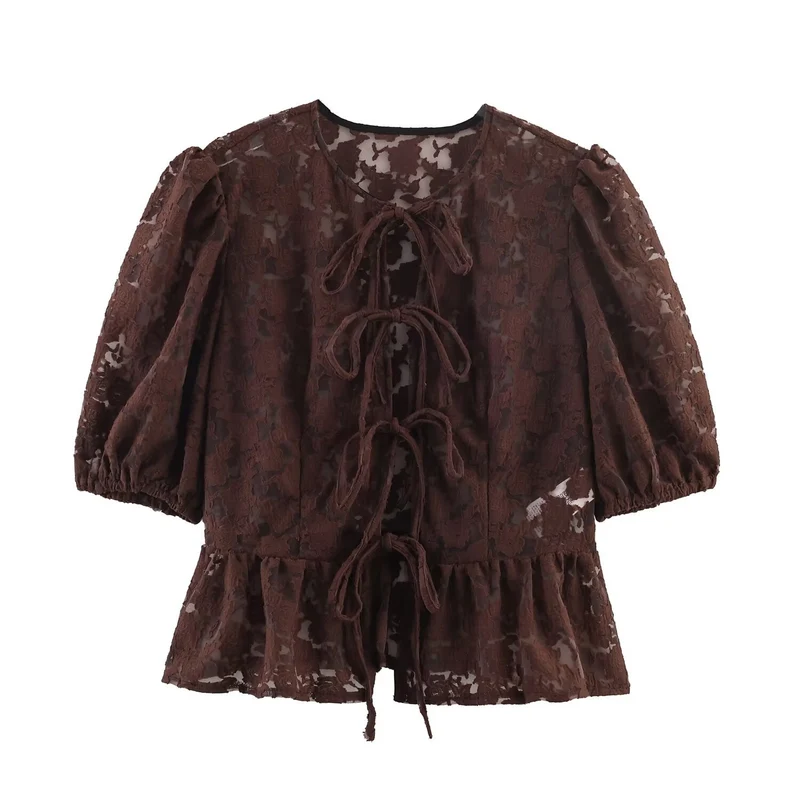 Damen Transparente Spitzenbluse mit frontalen Bindebändern und Volant‑Saum Nord Taschen