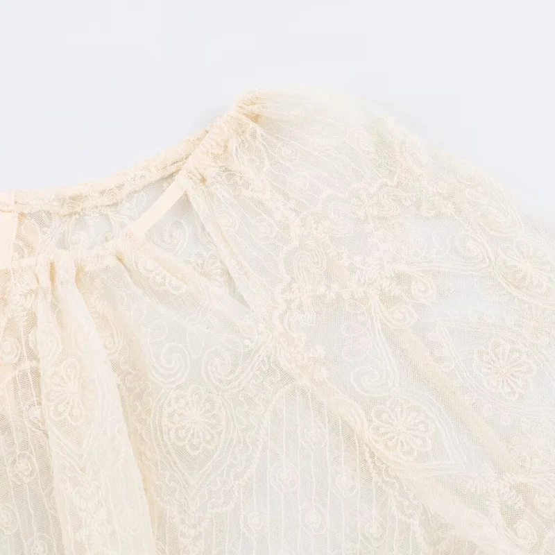 Damen Transparente Spitzenbluse im Peasant‑Stil mit Ballonärmeln Nord Taschen