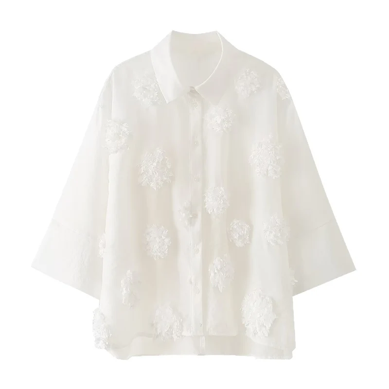 Damen Transparente Oversize‑Bluse mit 3D‑Blütenapplikationen und Hemdkragen Nord Taschen