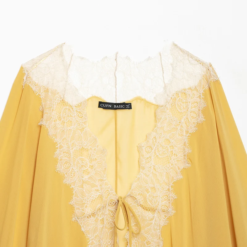 Damen Transparente Chiffon-Überwurfbluse mit Spitzenbesatz und Bindebändern Nord Taschen