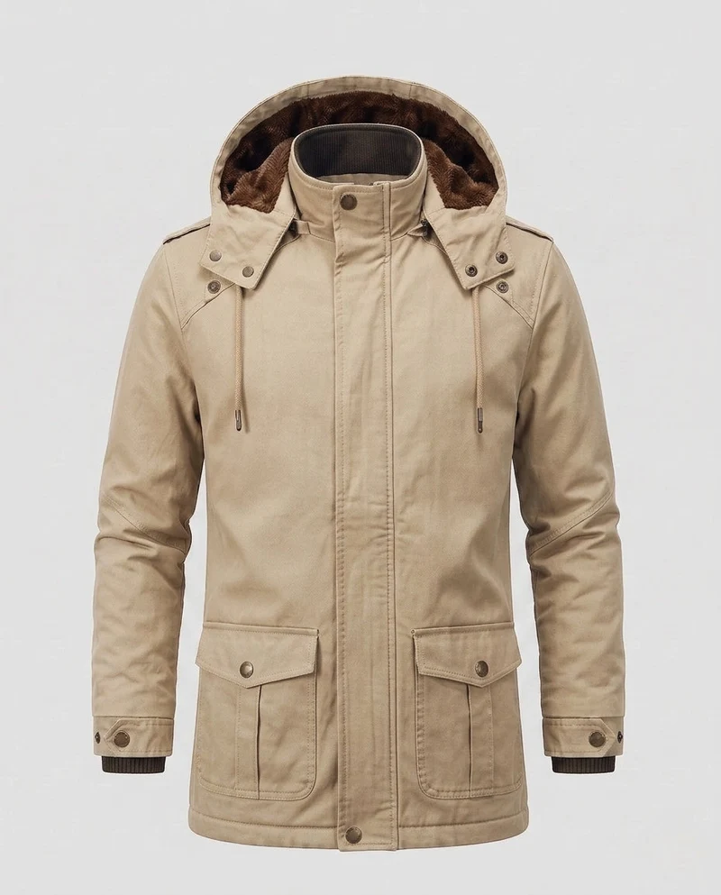 Herren Feldparka im Canvas-Look mit wärmendem Teddy-Fleece-Futter und Utility-Taschen Nord Taschen
