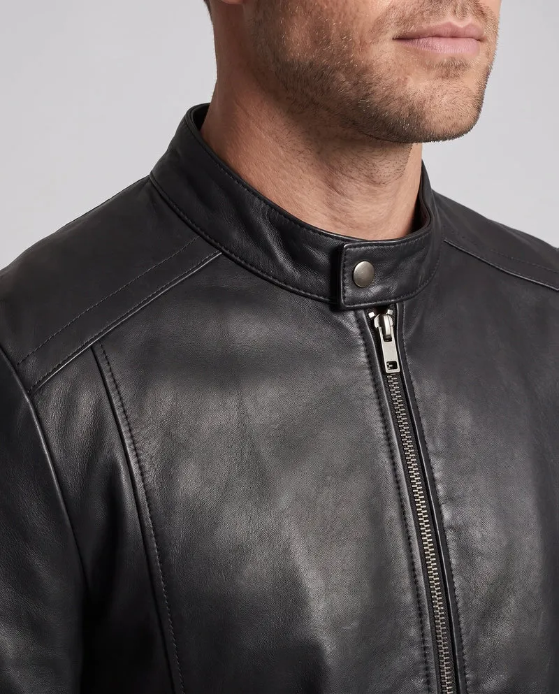 Herren enganliegendes Kunstleder-Motorradjacke mit kurzem Stehkragen und zentralem Metallreißverschluss Nord Taschen