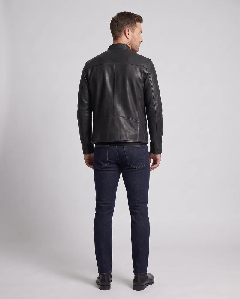 Herren enganliegendes Kunstleder-Motorradjacke mit kurzem Stehkragen und zentralem Metallreißverschluss Nord Taschen