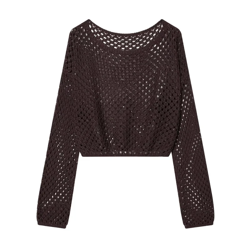 Damen Lockerer gehäkelter Cropped‑Pullover mit Ajourmuster Nord Taschen