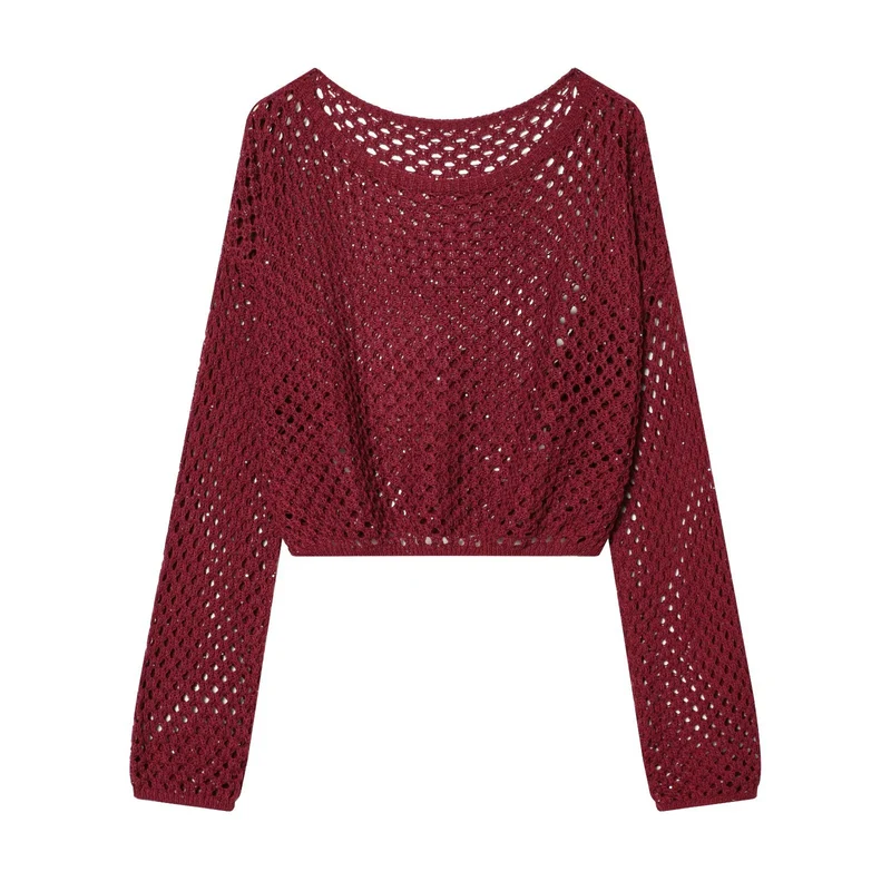 Damen Lockerer gehäkelter Cropped‑Pullover mit Ajourmuster Nord Taschen