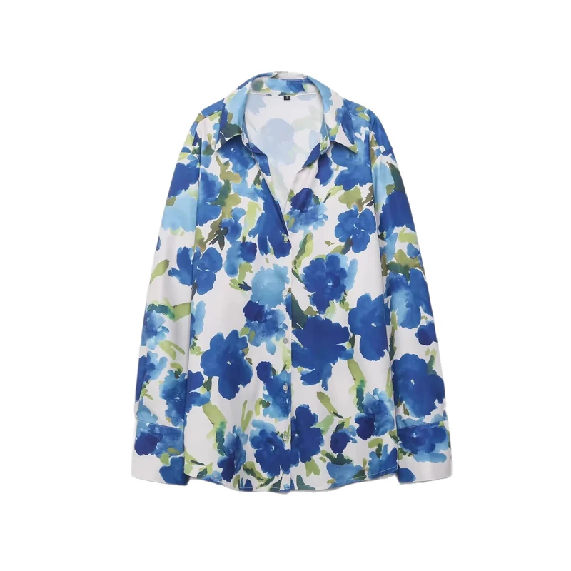 Damen Locker geschnittene seidenähnliche Hemdbluse mit Aquarell-Print Nord Taschen