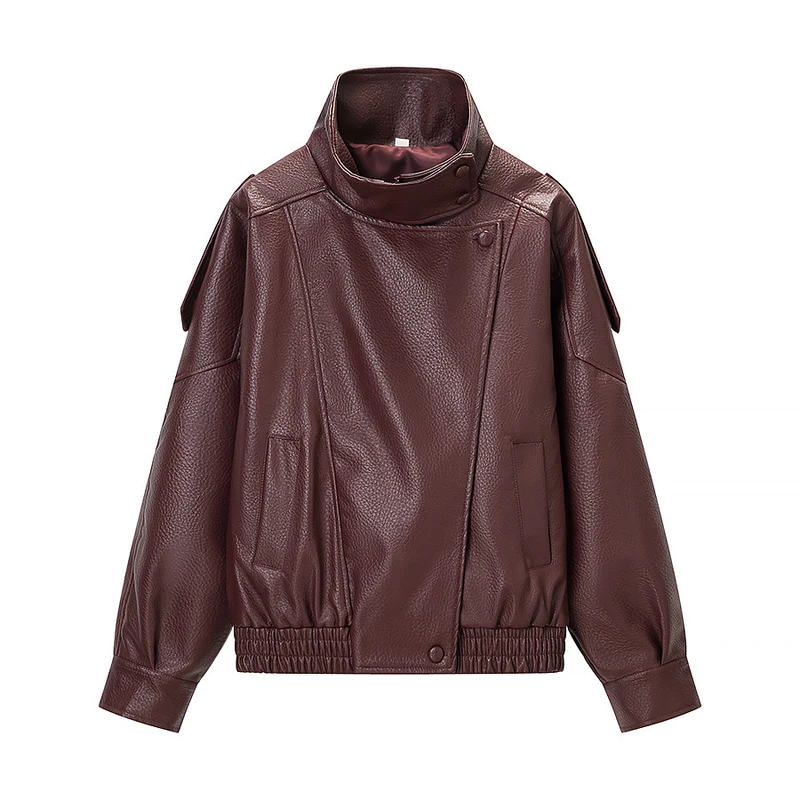 Damen Oversized Kunstlederjacke mit hohem Stehkragen, asymmetrischer Knopfleiste und elastischem Saum Nord Taschen