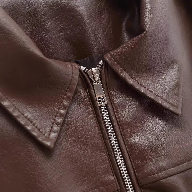 Damen Oversized Kunstlederjacke mit Hemdkragen, durchgehendem Reißverschluss und elastischem Saum Nord Taschen