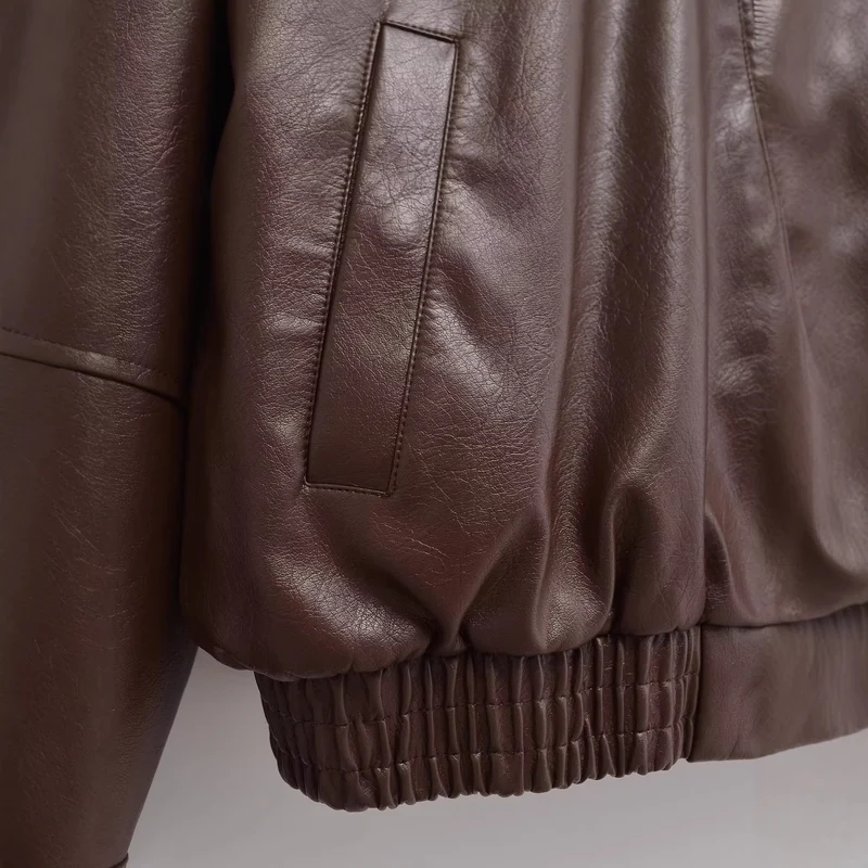 Damen Oversized Kunstlederjacke mit Hemdkragen, durchgehendem Reißverschluss und elastischem Saum Nord Taschen