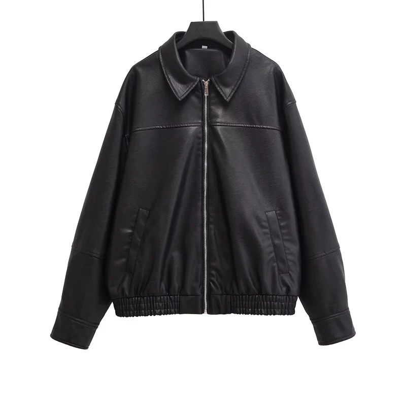 Damen Oversized Kunstlederjacke mit Hemdkragen, durchgehendem Reißverschluss und elastischem Saum Nord Taschen