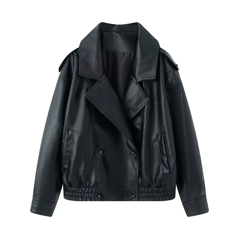 Damen Oversized Kunstlederjacke mit großem Revers, doppelreihiger Druckknopfleiste und elastischem Saum Nord Taschen