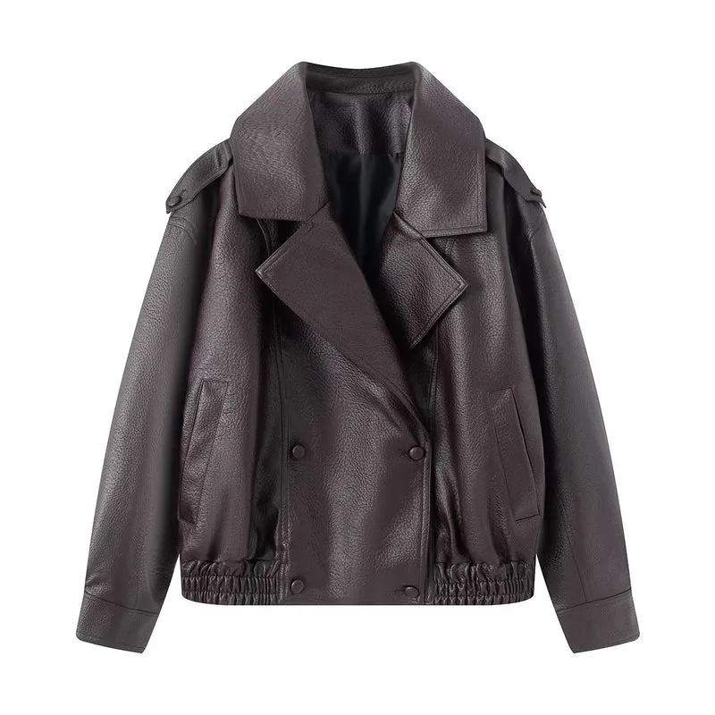 Damen Oversized Kunstlederjacke mit großem Revers, doppelreihiger Druckknopfleiste und elastischem Saum Nord Taschen