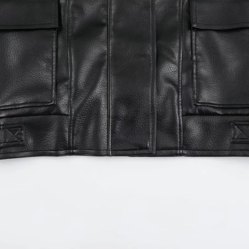 Damen Oversized Kunstleder-Fieldjacke mit hohem Stehkragen und aufgesetzten Pattentaschen Nord Taschen