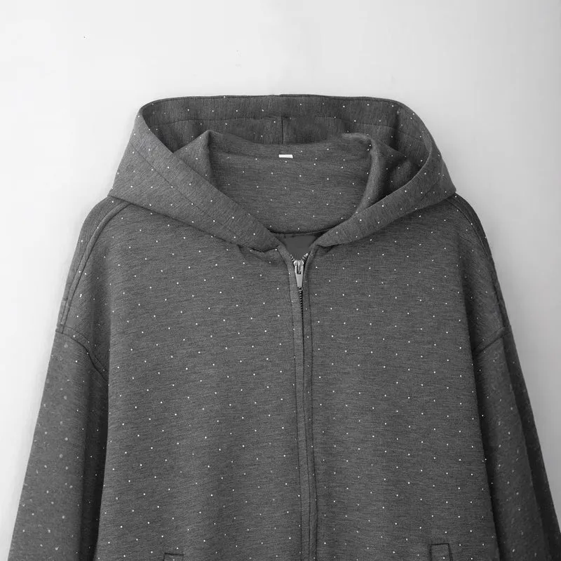 Damen Oversized Kapuzenjacke mit durchgehendem Reißverschluss, elastischem Saum und dezentem Punktmuster Nord Taschen