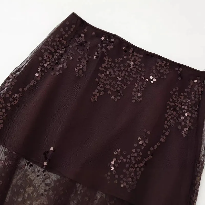 Damen Langer Tüllrock mit Paillettenbesatz und blickdichtem Futter Nord Taschen