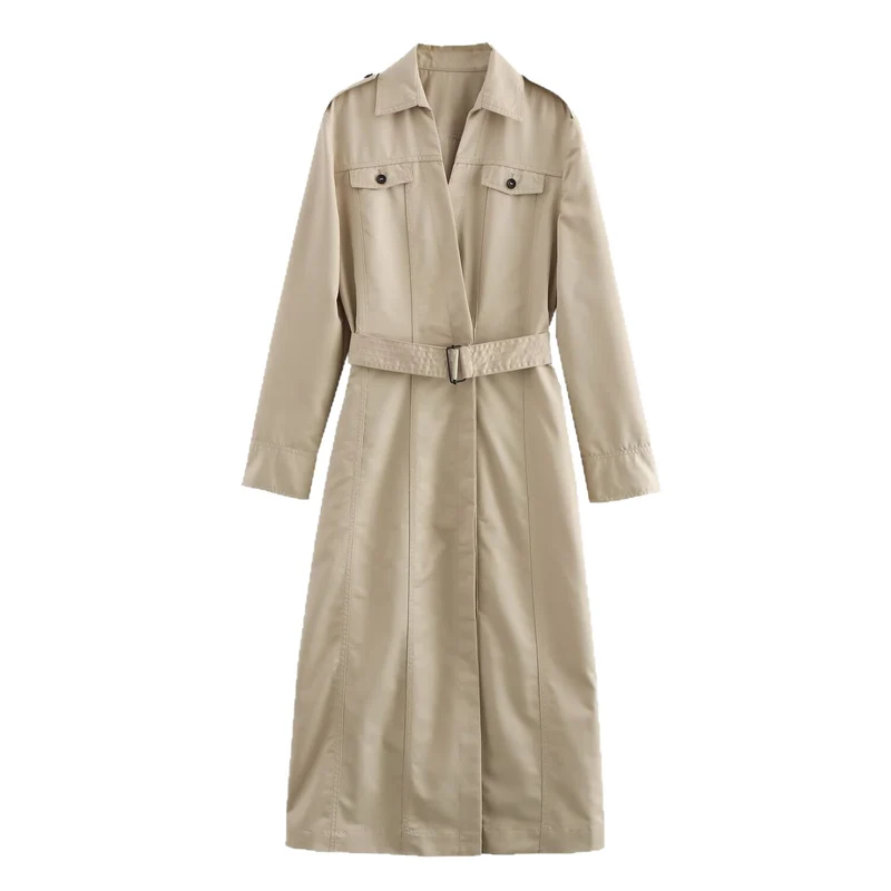 Damen Langer taillierter Trenchcoat mit Bindegürtel, Hemdkragen und Schulterpatten Nord Taschen