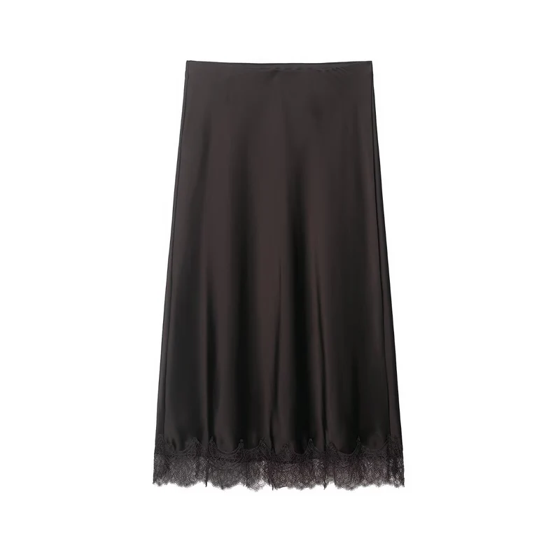 Damen Langer Satinrock mit feiner Spitze am Saum und leichter A-Linien-Silhouette Nord Taschen