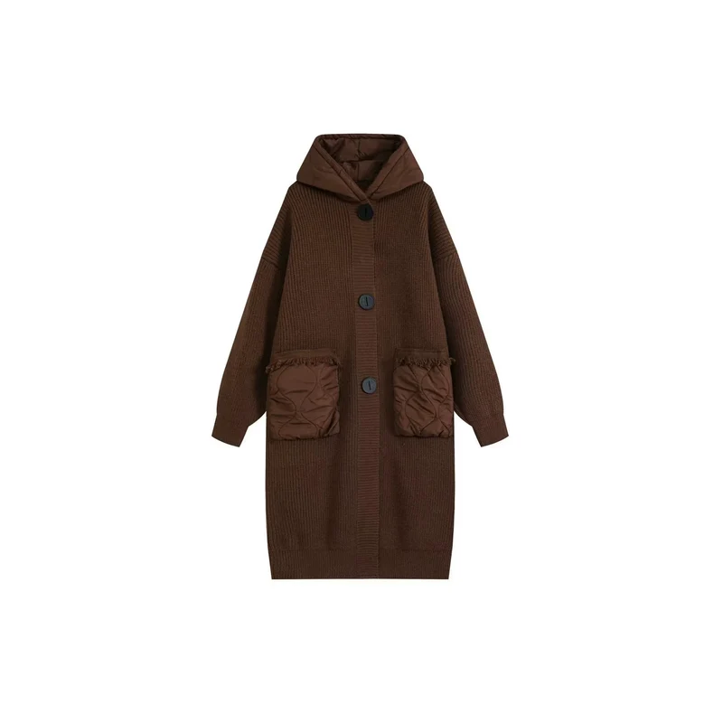 Damen Langer Oversize-Strickmantel mit gesteppter Kapuze und aufgesetzten Stepp-Taschen Nord Taschen