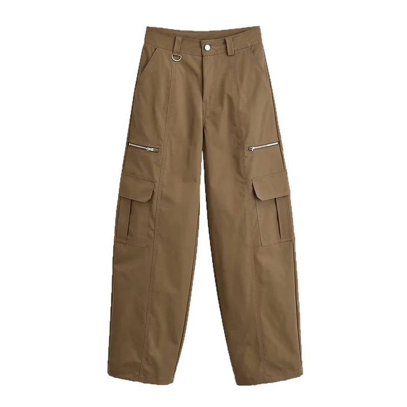 Damen Weite Cargo-Hose mit Utility-Taschen, Reißverschluss-Details und hoher Taille Nord Taschen