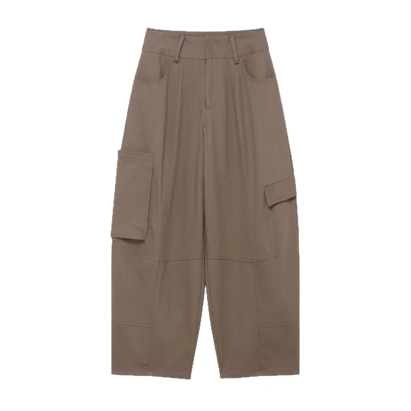 Damen weite Cargo-Cropped-Hose mit hoher Taille und aufgesetzten Taschen Nord Taschen