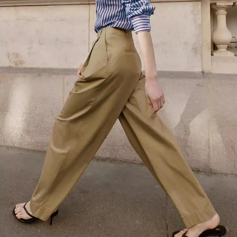 Damen Weite Bundfaltenhose mit hoher Taille und geradem Bein Nord Taschen