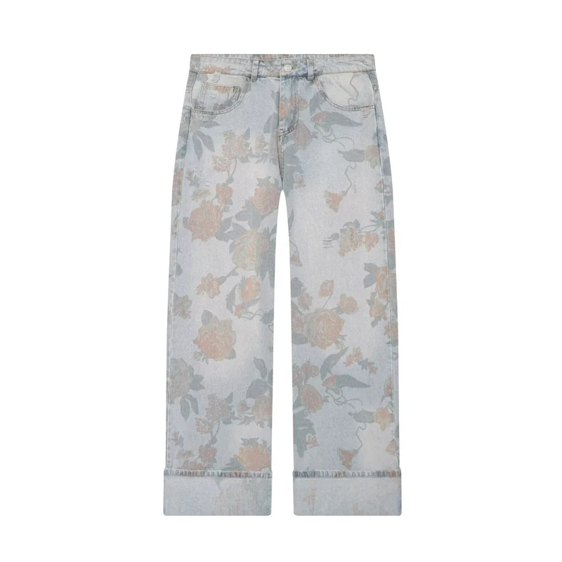 Damen Weite Blumenprint-Denimhose mit geradem Bein und Umschlag Nord Taschen