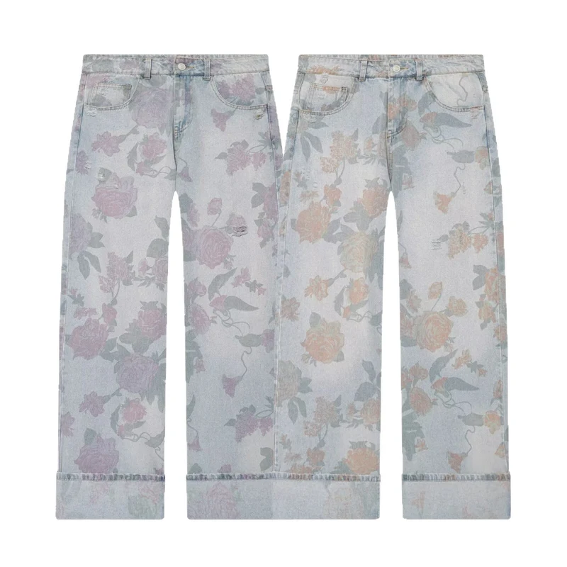 Damen Weite Blumenprint-Denimhose mit geradem Bein und Umschlag Nord Taschen