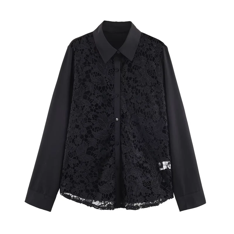 Damen Spitzenbluse mit floraler Spitze vorn, Satinärmeln und klassischem Hemdkragen Nord Taschen