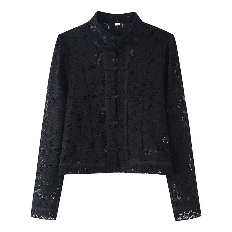 Damen Spitze Jacke mit Stehkragen, chinesischen Knoten und transparentem Floral-Design Nord Taschen