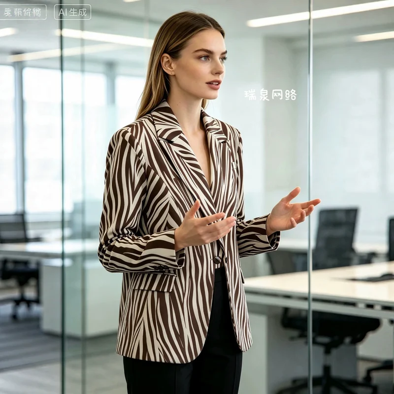 Damen Taillierter Zebra-Print Blazer mit Reverskragen und Pattentaschen Nord Taschen