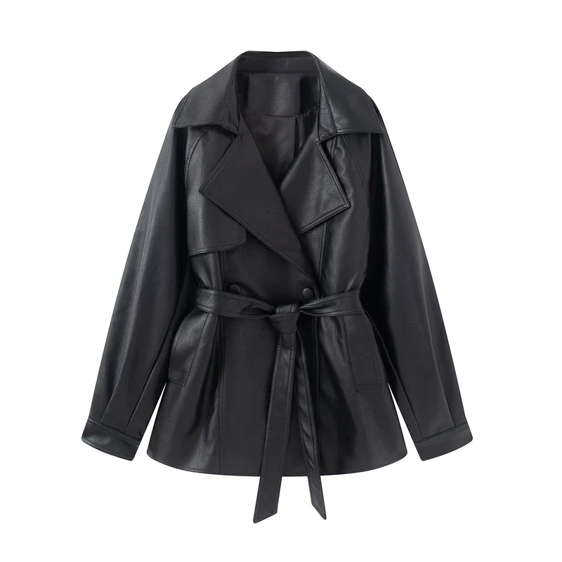 Damen taillierter Trenchcoat aus Kunstleder mit weitem Revers und Bindegürtel Nord Taschen