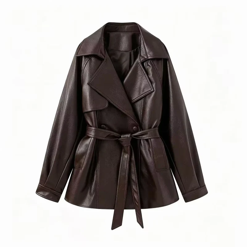 Damen taillierter Trenchcoat aus Kunstleder mit weitem Revers und Bindegürtel Nord Taschen