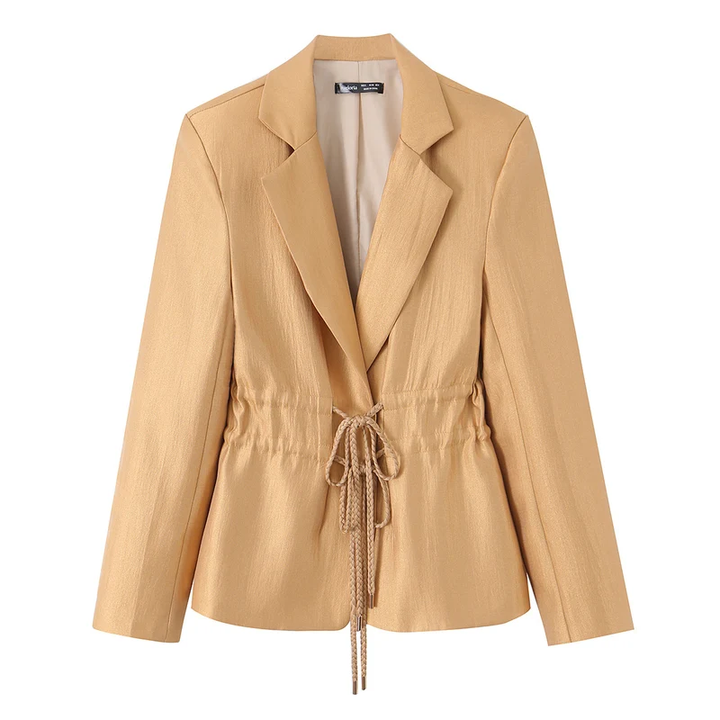 Damen Taillierter Satinblazer mit Kordelzug und Reverskragen Nord Taschen