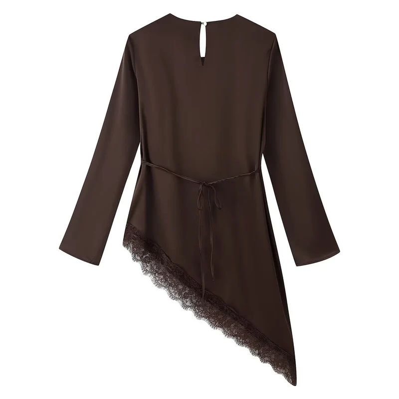Damen Asymmetrische Chiffonbluse mit Spitzenbesatz und langen Ärmeln Nord Taschen