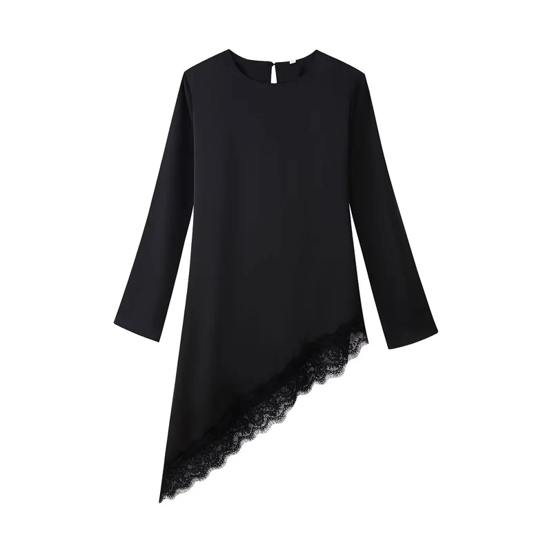 Damen Asymmetrische Chiffonbluse mit Spitzenbesatz und langen Ärmeln Nord Taschen