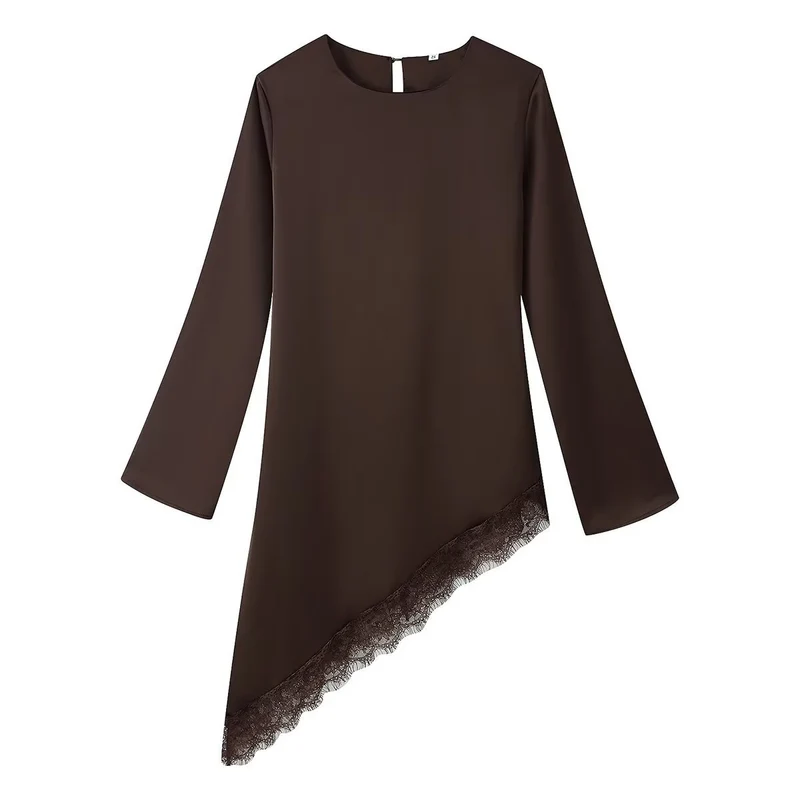 Damen Asymmetrische Chiffonbluse mit Spitzenbesatz und langen Ärmeln Nord Taschen