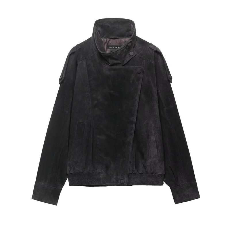 Herren Wildlederjacke mit hohem Stehkragen, asymmetrischer Knopfleiste und elastischem Saum Nord Taschen