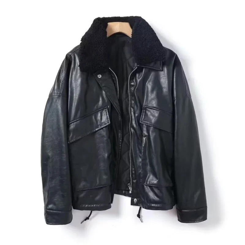 Herren Lederjacke im Bomberstil mit Teddykragen Nord Taschen