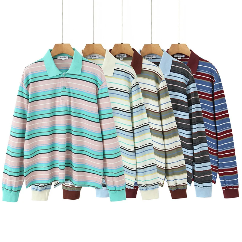 Herren Langärmeliges Poloshirt im Retro-Streifenmuster mit Rippbündchen und Knopfleiste Nord Taschen