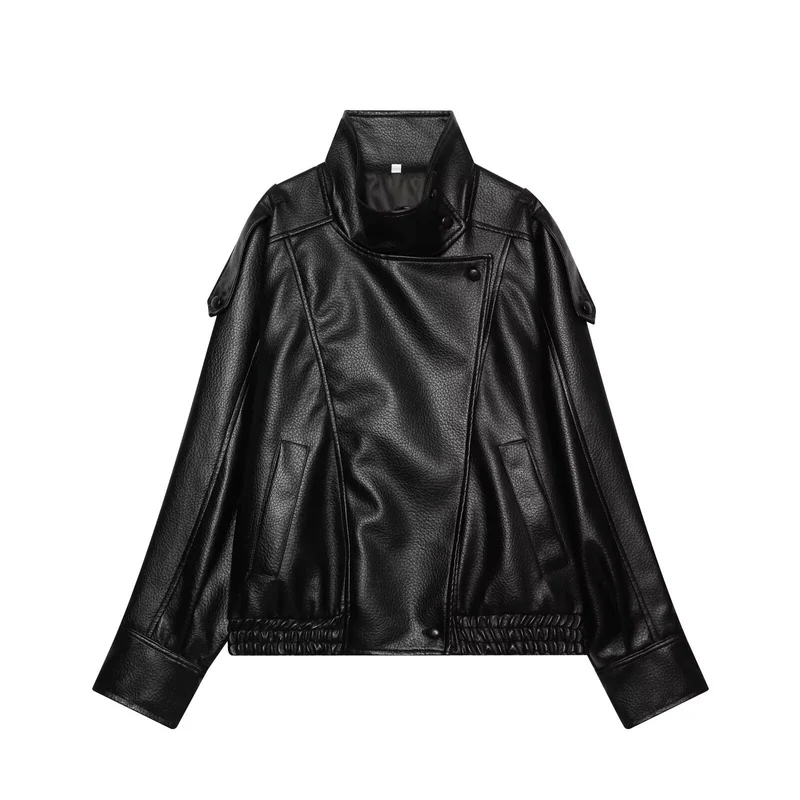 Damen Kurzjacke im asymmetrischen Biker‑Trenchstil aus veganer Lederoptik mit hohem Stehkragen Nord Taschen