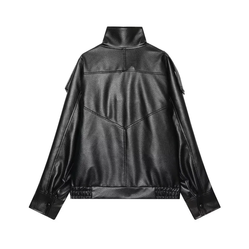 Damen Kurzjacke im asymmetrischen Biker‑Trenchstil aus veganer Lederoptik mit hohem Stehkragen Nord Taschen