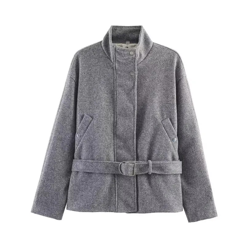Damen Kurzjacke aus Wollmix mit Taillengürtel und Stehkragen Nord Taschen