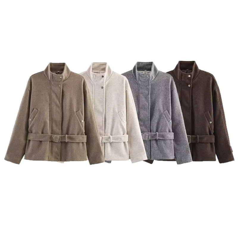 Damen Kurzjacke aus Wollmix mit Taillengürtel und Stehkragen Nord Taschen