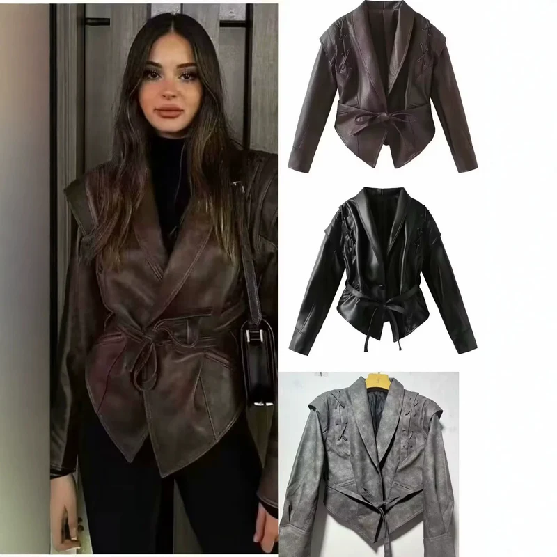 Damen Kurzjacke aus Wildlederimitat mit Wickelgürtel und Schnürdetails Nord Taschen