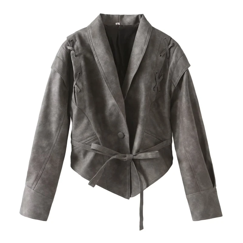 Damen Kurzjacke aus Wildlederimitat mit Wickelgürtel und Schnürdetails Nord Taschen
