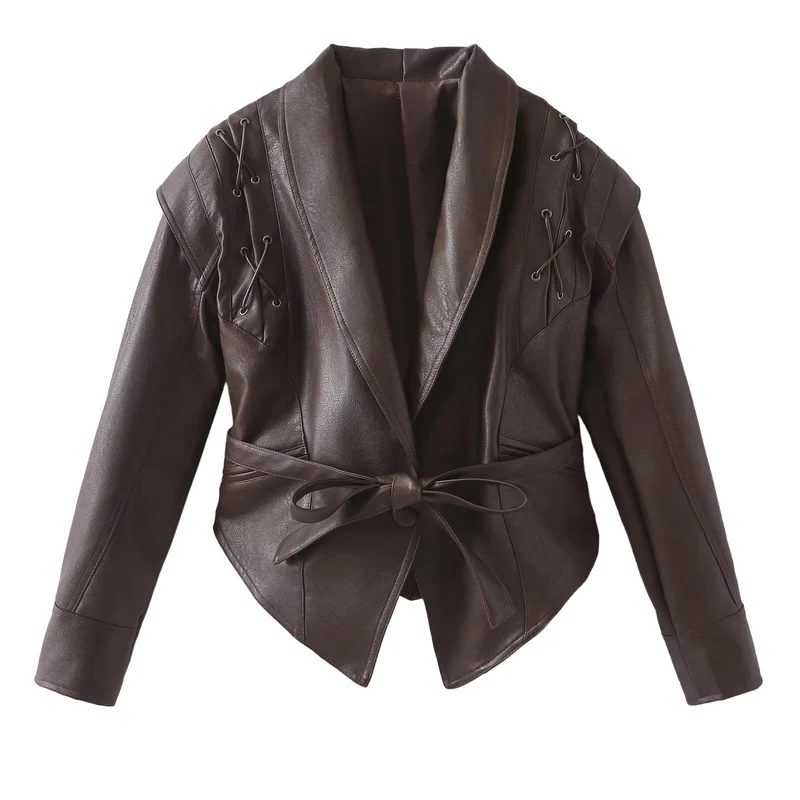 Damen Kurzjacke aus Wildlederimitat mit Wickelgürtel und Schnürdetails Nord Taschen