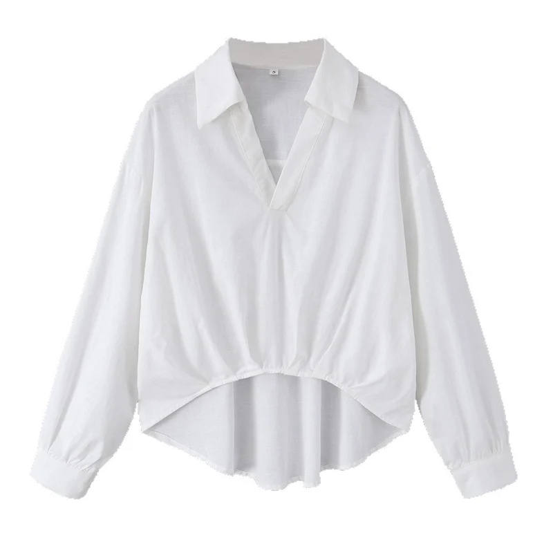 Damen Oversize-Bluse mit tiefem V-Ausschnitt, Hemdkragen und gerafftem Frontsaum Nord Taschen