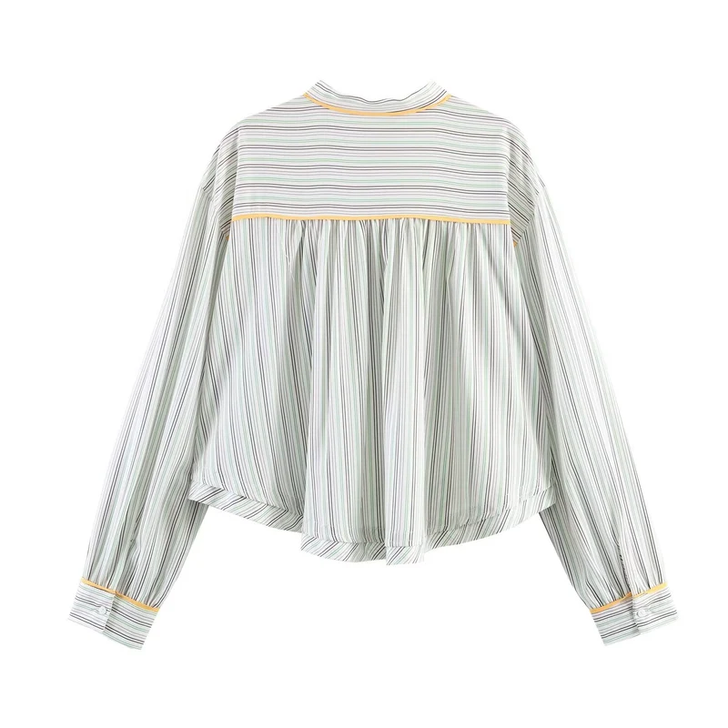Damen Oversize-Bluse im Cropped-Schnitt mit Stehkragen, feinem Streifenmuster und Kontrastpaspel Nord Taschen