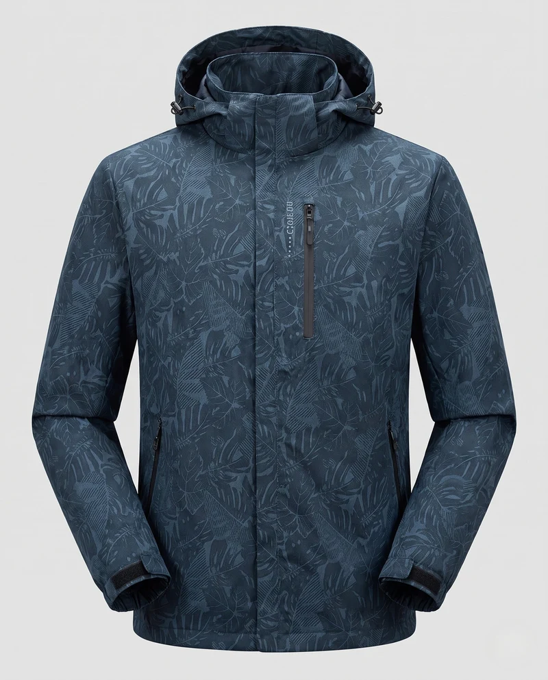 Herren Leichte Hoodie-Jacke mit subtilem Blattdruck und winddichter Softshell-Außenschicht Nord Taschen